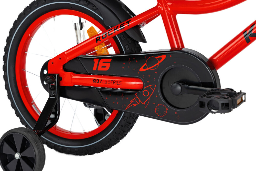 Rower dziecięcy KARBON Rocket 16 cali dla chłopca Czerwono-czarny koła 16-calowe boczne kółka asekurują dziecko łańcuch stylowa osłona błotniki regularne sprawdzanie ciśnienia powietrza wartość na bocznej części opony