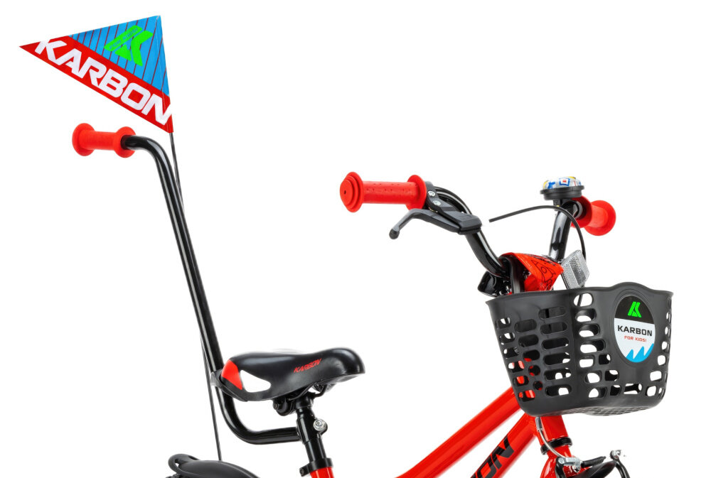 Rower dziecięcy KARBON Rocket 16 cali dla chłopca Czerwono-czarny czerwony kolor z czarnymi akcentami nowoczesny kształt dekoracyjna flaga koszyk pałąk prowadzący dla rodzica