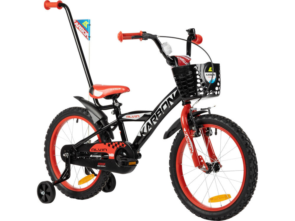 Rower dziecięcy KARBON Alvin 18 cali dla chłopca Czarno-czerwony radość płynącą z jazdy pełne bezpieczeństwo dla chłopców w wieku od 5 do 7 lat efektywna nauka jazdy szlifowanie umiejętności stabilny