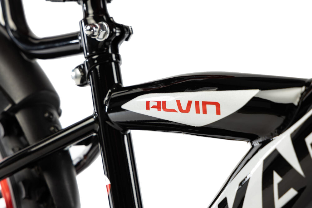 Rower dziecięcy KARBON Alvin 18 cali dla chłopca Czarno-czerwony 7-calowa stalowa rama dostosowana do najmłodszych geometria roweru waga 9 kg