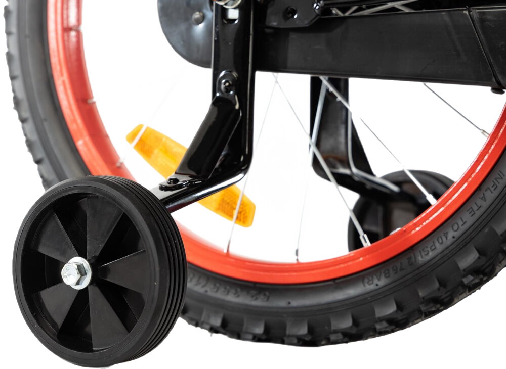 Rower dziecięcy KARBON Alvin 18 cali dla chłopca Czarno-czerwony 18-calowe koła boczne kółka asekurują dziecko łańcuch roweru pod stylową osłoną regukarne sprawdzanie ciśnienia powietrza wartość na bocznej części opony