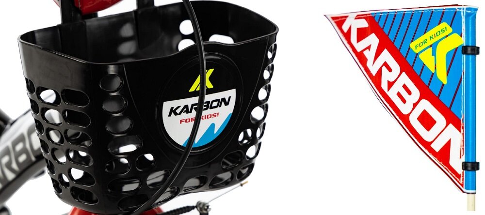 Rower dziecięcy KARBON Alvin 18 cali dla chłopca Czarno-czerwony czarny kolor z czerwonymi akcentami nowoczesny kształt dekoracyjna flaga koszyk