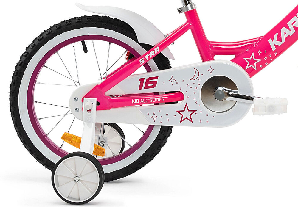 Rower dziecięcy KARBON Star 16 cali dla dziewczynki Różowy koła 16-calowe boczne kółka asekurują dziecko łańcuch stylowa osłona błotniki regularne sprawdzanie ciśnienia powietrza wartość na bocznej części opony