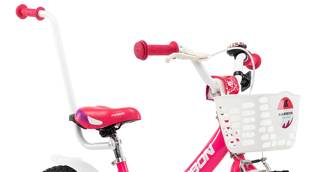Rower dziecięcy KARBON Star 16 cali dla dziewczynki Różowy różowy kolor z białymi akcentami nowoczesny kształt koszyk pałąk prowadzący dla rodzica