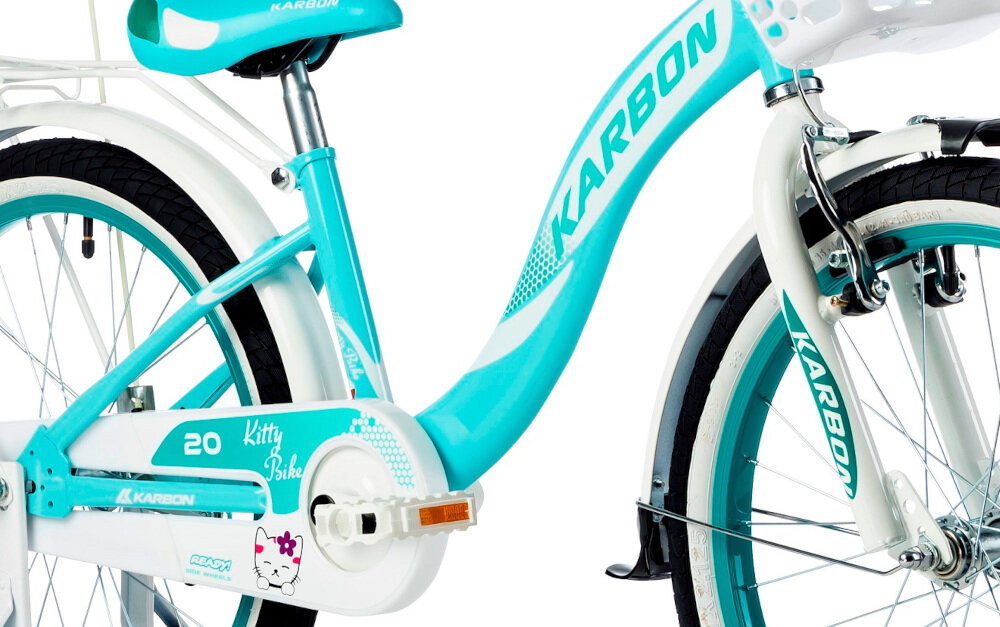 Rower dziecięcy KARBON Kitty 20 cali dla dziewczynki Turkusowo-biały rama 7-calowa stalowa dostosowana do najmłodszych geometria roweru waga 11 kg