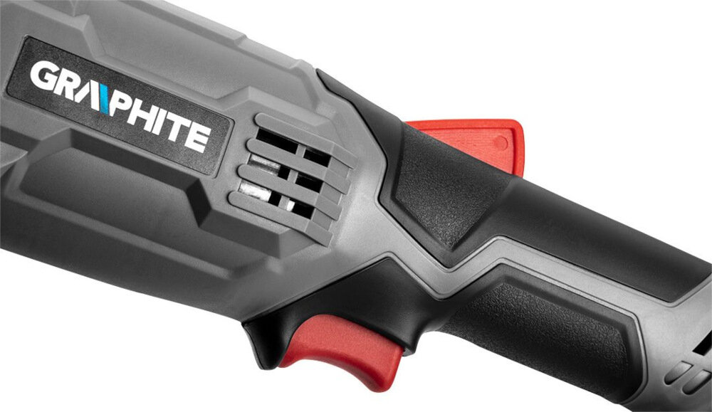 Szlifierka kątowa GRAPHITE Energy+ 58GE130 ergonomiczna raczka tworzywo sztuczne pewny chwyt 2-pozycyjna rekojesc boczna waga 2,28 kg