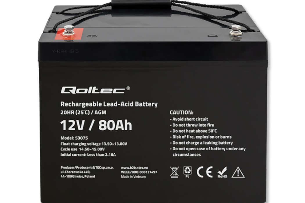 Akumulator QOLTEC 53075 80Ah 12V żywotność bateria wspomaganie waga wymiary przenośny