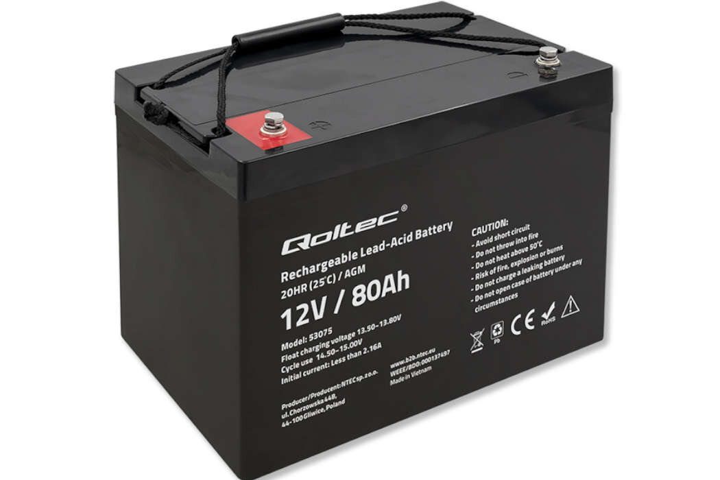 Akumulator QOLTEC 53075 80Ah 12V żywotność bateria wspomaganie waga wymiary przenośny