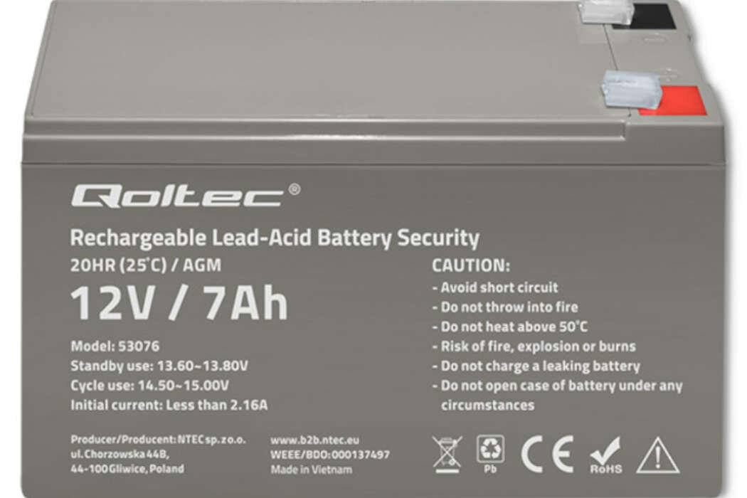 Akumulator QOLTEC 53076 7Ah 12V żywotność bateria wspomaganie waga wymiary przenośny