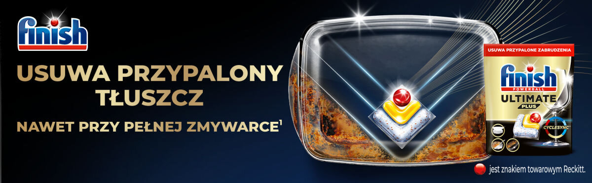 Kapsułki do zmywarki FINISH Powerball Ultimate Plus All in 1 Lemon - 45 szt. usuwa przypalony tłuszcz nawet przy pełnej zmywarce