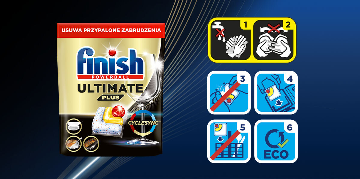 Kapsułki do zmywarki FINISH Powerball Ultimate Plus All in 1 Lemon - 45 szt. oszczędność wody wielofunkcyjna kapsułka elimanacja zabrudzeń