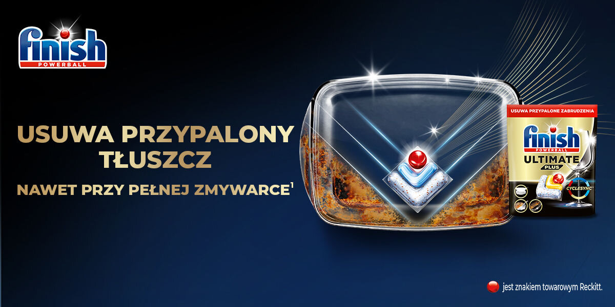 Kapsułki do zmywarki FINISH Powerball Ultimate Plus All in 1 Lemon - 62 szt. usuwa przypalony tłuszcz nawet przy pełnej zmywarce