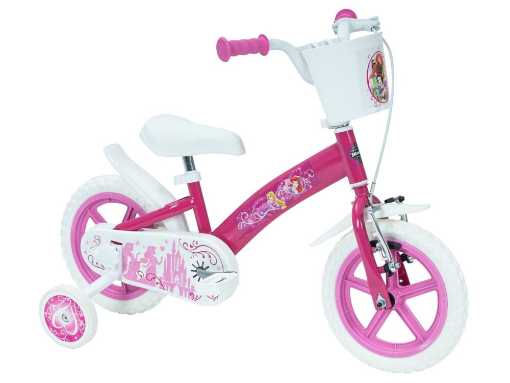 Rower dziecięcy HUFFY Disney Princess 12 cali dla dziewczynki Różowy rower na białym tle widoczny od przodu pod skosem dla dzieci w wieku od 2 do 3 lat trwałość wytrzymałość mocna konstrukcja księżniczki z bajek Disney