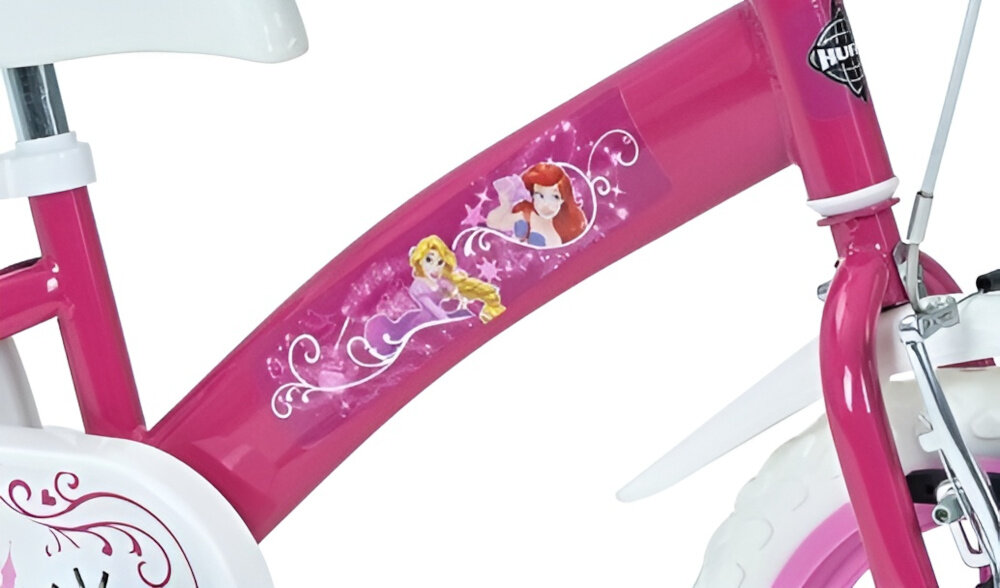 Rower dziecięcy HUFFY Disney Princess 12 cali dla dziewczynki Różowy rower na białym tle zbliżenie na ramę odpowiednio wyselekcjonowane materiały stalowa rama dostosowana do najmłodszych geometria ponadprzeciętna odporność na uszkodzenia mechaniczne i działanie czynników zewnętrznych wybór rozmiaru ramy Twój wzrost mierzony w zrelaksowanej pozycji typ