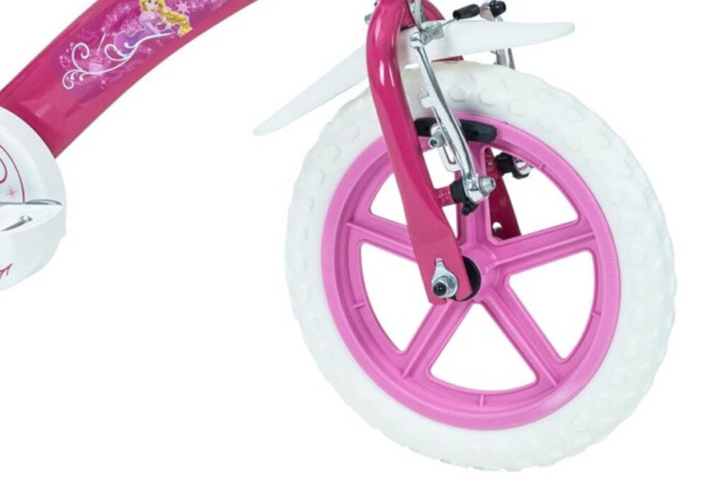 Rower dziecięcy HUFFY Disney Princess 12 cali dla dziewczynki Różowy zbliżenie na przednie koło zdjęcie na białym tle koła z pianki EVA w rozmiarze 12 cali mocne obręcze z wysokiej jakości tworzywa sztucznego dobra przyczepność aluminiowe obręcze zachowanie regularnego kształtu kół stabilne trzymanie opony bezpieczna jazda błotniki elegancki osłaniają odzież wygląd regularne sprawdzanie ciśnienia powietrza wartość na bocznej części opony
