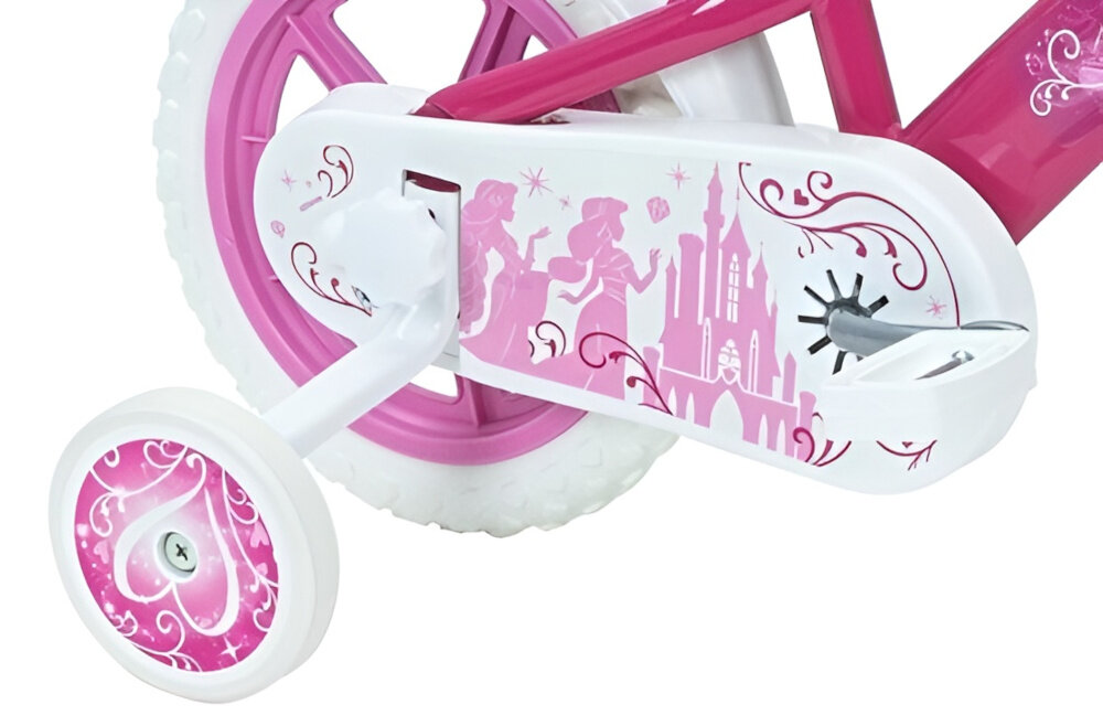 Rower dziecięcy HUFFY Disney Princess 12 cali dla dziewczynki Różowy zbliżenie na kółka boczne i osłonę łańcucha zdjęcie na białym tle boczne kółka asekurują dziecko w początkowej fazie nauki boczne kółka można łatwo usunąć osłona łańcucha kolorowa grafika zabezpiecza łańcuch przed brudem