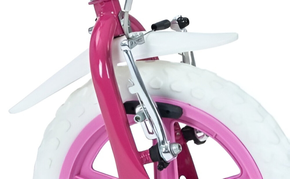 Rower dziecięcy HUFFY Disney Princess 12 cali dla dziewczynki Różowy zbliżenie na przedni hamulec zdjęcie na białym tle podstawa bezpieczeństwa hamulec hamulec V-Brake typu Caliper lekki duża siła hamowania