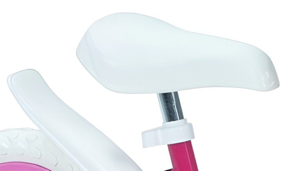 Rower dziecięcy HUFFY Disney Princess 12 cali dla dziewczynki Różowy zbliżenie na siodełko i bidon zdjęcie na białym tle bezpieczna i satysfakcjonująca aktywność wygodne siodełko pełen komfort podczas długiej jazdy bezpiecznie komfortowo