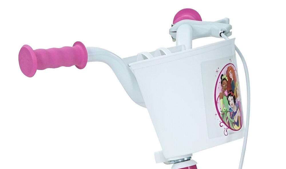 Rower dziecięcy HUFFY Disney Princess 12 cali dla dziewczynki Różowy zbliżenie na kierownicę zdjęcie na białym tle brak uczucia dyskomfortu odpowiednia pozycja ciała uchwyty z antypoślizgowego materiału koszyk na drobiazgi