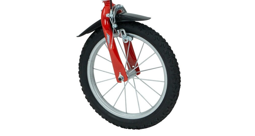 Rower dziecięcy HUFFY Disney Auta 14 cali dla chłopca Czerwony zbliżenie na przednie koło zdjęcie na białym tle koła pompowane w rozmiarze 14 cali mocne obręcze z wysokiej jakości tworzywa sztucznego dobra przyczepność aluminiowe obręcze zachowanie regularnego kształtu kół stabilne trzymanie opony bezpieczna jazda błotniki elegancki osłaniają odzież wygląd regularne sprawdzanie ciśnienia powietrza wartość na bocznej części opony