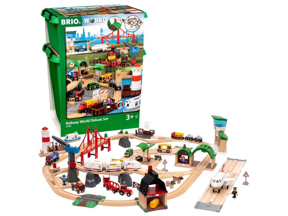 BRIO World zestaw 63376600 - Rozłożony drewniany zestaw kolejek BRIO World Deluxe Set wraz z zielonym pojemnikiem do przechowywania