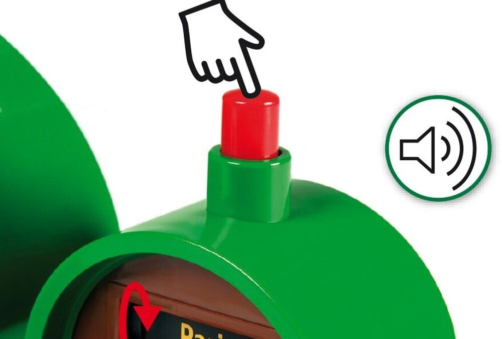 BRIO World zestaw 63376600 wyobraźni, kreatywnego myślenia efekty świetlne i dźwiękowe- Zbliżenie na czerwony przycisk aktywujący efekty dźwiękowe w elemencie stacji kolejowej BRIO.