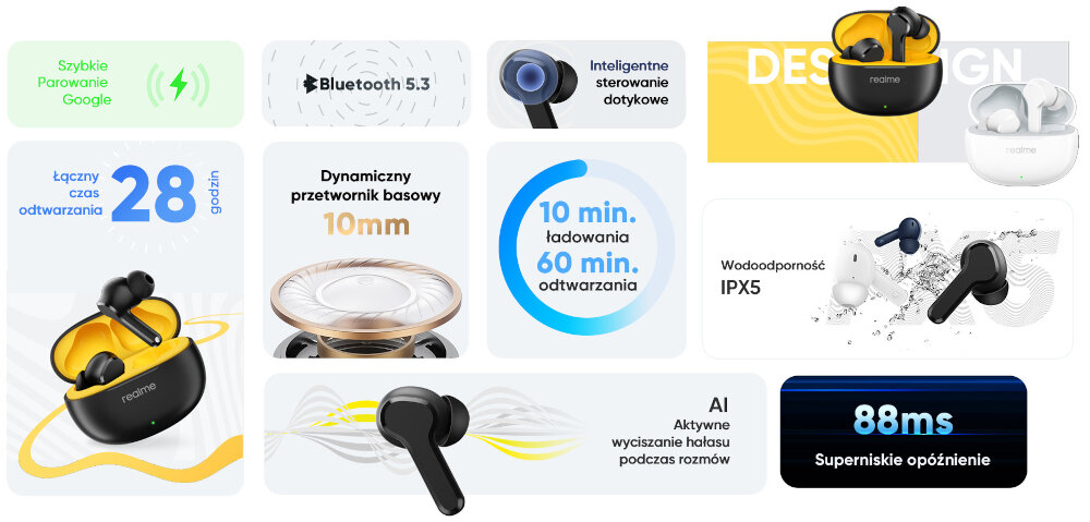 Słuchawki dokanałowe REALME Buds T100 WAGA KONSTRUKCJA DŹWIĘK BLUETOOTH MIKROFON REDUKCJA SZUMÓW WYGODA REGULACJA USTAWIEŃ BATERIA