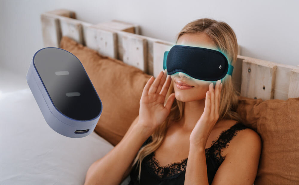 Masażer do oczu MEDIVON Horizon Hypnos wygodna opaska na głowę relaks regeneracja masaż wibracyjny tryby rozgrzewania i chłodzenia zmniejszenie obrzęków poprawa krążenia w okolicach oczu po intensywnym dniu w pracy podczas relaksu w domowym zaciszu