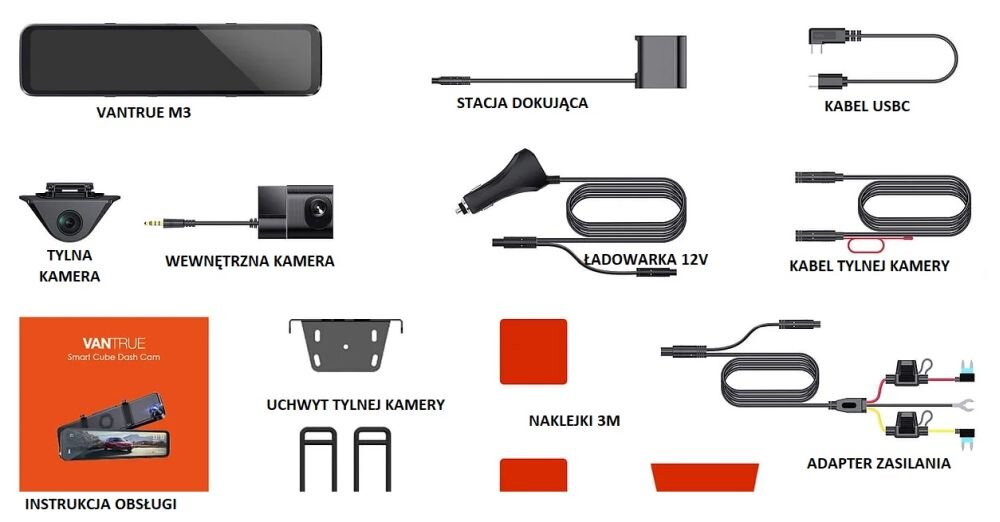 Wideorejestrator VANTRUE M3 obiektyw rozdzielczość nagrywanie kąt zapis sensor czujnik montaż wymiary ładowanie zasilanie auto samochód rejestrowanie karta pamięć pojemność ładowarka obraz zdjęcia filmy aplikacja sterowanie 