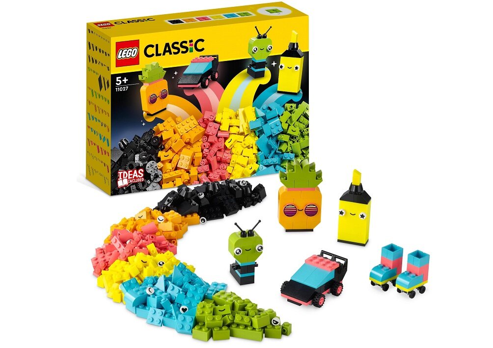 LEGO CLASSIC Kreatywna zabawa neonowymi kolorami 11027 dziecko kreatywność zabawa nauka rozwój klocki figurki minifigurki jakość tradycja konstrukcja nauka wyobraźnia role jakość bezpieczeństwo wyobraźnia budowanie pasja hobby funkcje instrukcja aplikacja LEGO Builder Soczyście kolorowe klocki