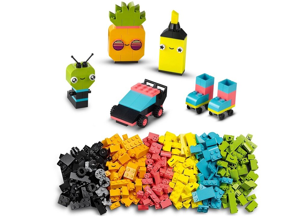 LEGO CLASSIC Kreatywna zabawa neonowymi kolorami 11027 dziecko kreatywność zabawa nauka rozwój klocki figurki minifigurki jakość tradycja konstrukcja nauka wyobraźnia role jakość bezpieczeństwo wyobraźnia budowanie pasja hobby funkcje instrukcja aplikacja LEGO Builder Soczyście kolorowe klocki
