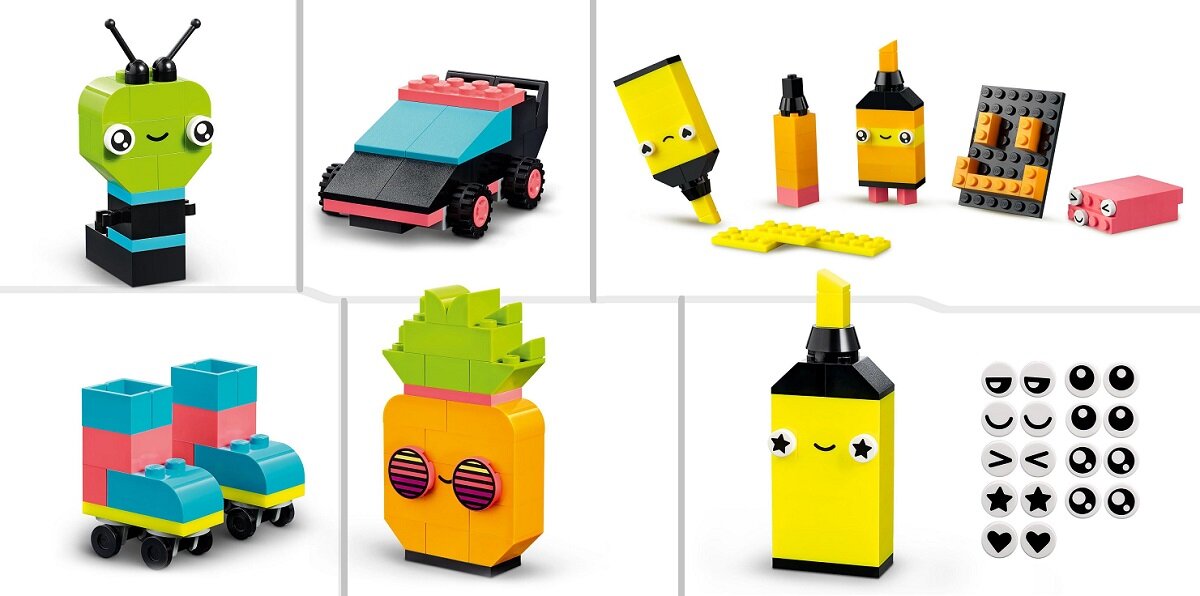 LEGO CLASSIC Kreatywna zabawa neonowymi kolorami 11027 dziecko kreatywność zabawa nauka rozwój klocki figurki minifigurki jakość tradycja konstrukcja nauka wyobraźnia role jakość bezpieczeństwo wyobraźnia budowanie pasja hobby funkcje instrukcja aplikacja LEGO Builder Soczyście kolorowe klocki