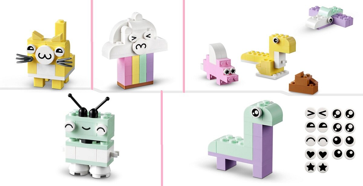 LEGO CLASSIC Kreatywna zabawa pastelowymi kolorami 11027 dziecko kreatywność zabawa nauka rozwój klocki figurki minifigurki jakość tradycja konstrukcja nauka wyobraźnia role jakość bezpieczeństwo wyobraźnia budowanie pasja hobby funkcje instrukcja aplikacja LEGO Builder Soczyście kolorowe klocki