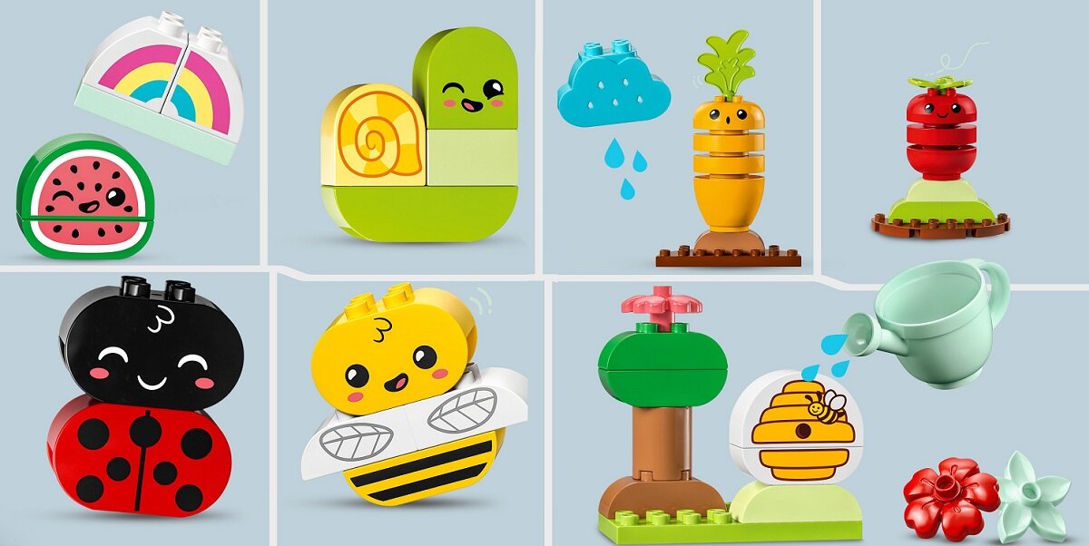 LEGO DUPLO Ogród uprawowy 10984 dziecko kreatywność zabawa nauka rozwój klocki figurki minifigurki jakość tradycja konstrukcja nauka wyobraźnia role jakość bezpieczeństwo wyobraźnia budowanie pasja hobby funkcje instrukcja aplikacja LEGO Builder pomidore marchewka arbuz deszczowa chmura tęcza drzewa kwiaty biedronka pszczoła ul konewka