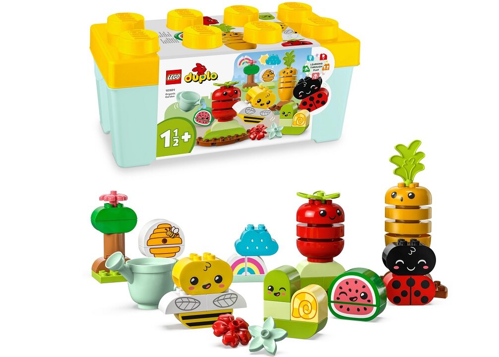LEGO DUPLO Ogród uprawowy 10984 dziecko kreatywność zabawa nauka rozwój klocki figurki minifigurki jakość tradycja konstrukcja nauka wyobraźnia role jakość bezpieczeństwo wyobraźnia budowanie pasja hobby funkcje instrukcja aplikacja LEGO Builder pomidore marchewka arbuz deszczowa chmura tęcza drzewa kwiaty biedronka pszczoła ul konewka