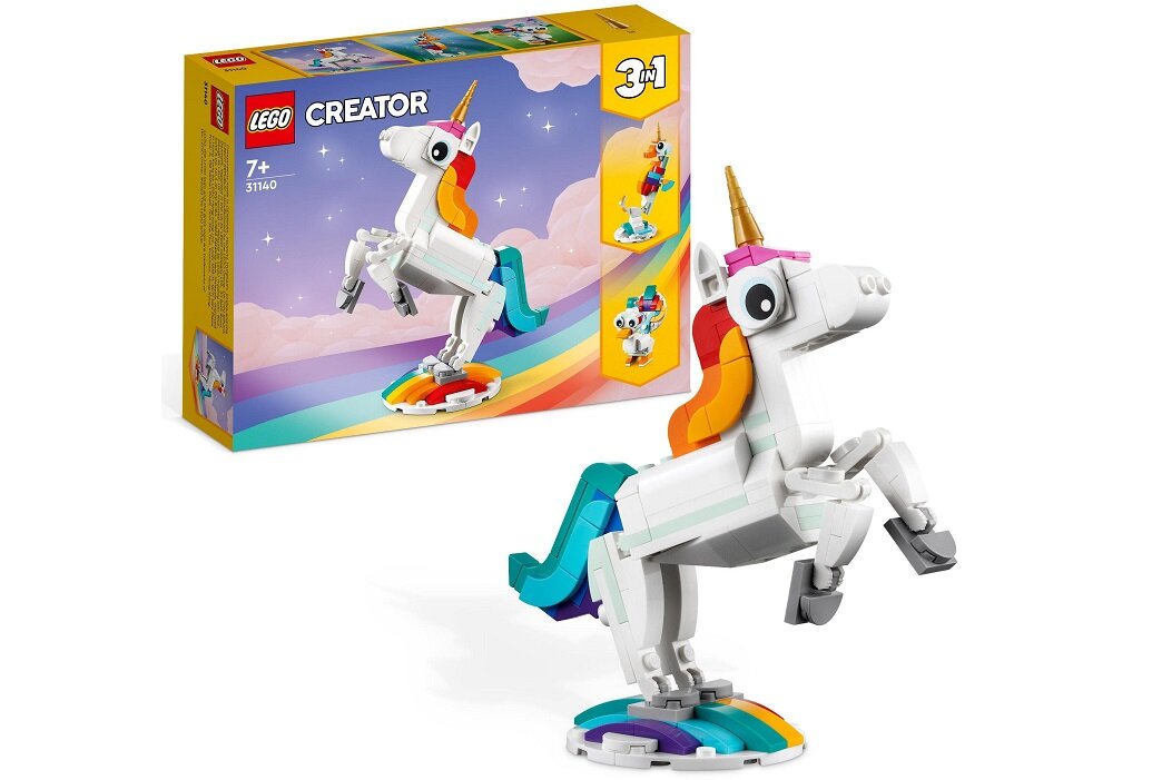 LEGO CREATOR 3w1 Magiczny jednorożec 31140 dziecko kreatywność zabawa nauka rozwój klocki figurki minifigurki jakość tradycja konstrukcja nauka wyobraźnia role jakość bezpieczeństwo wyobraźnia budowanie pasja hobby funkcje instrukcja aplikacja LEGO Builder mityczne zwierzątka