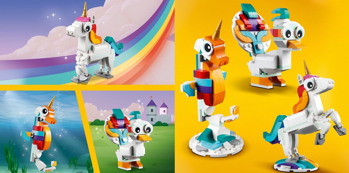 LEGO CREATOR 3w1 Magiczny jednorożec 31140 dziecko kreatywność zabawa nauka rozwój klocki figurki minifigurki jakość tradycja konstrukcja nauka wyobraźnia role jakość bezpieczeństwo wyobraźnia budowanie pasja hobby funkcje instrukcja aplikacja LEGO Builder mityczne zwierzątka