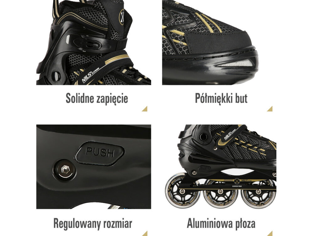 Łyżworolki NILS EXTREME NA1128 NA11010 (rozmiar 35-38) dedykowane średniozaawansowanym rolkarzom wytrzymała skorupa wysokiej jakości kółka i łożyska możliwość regulacji rozmiaru do 39 do 42