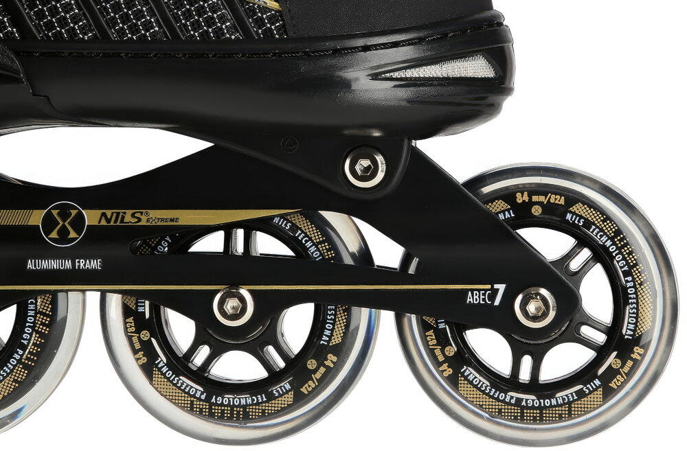 Łyżworolki NILS EXTREME NA1128 NA11010 (rozmiar 35-38) miękkie kółka twardość 82A średnica 84 mm grubość 24 mm bardzo dobra przyczepność do podłoża tłumią drgania łożyska ABEC-7