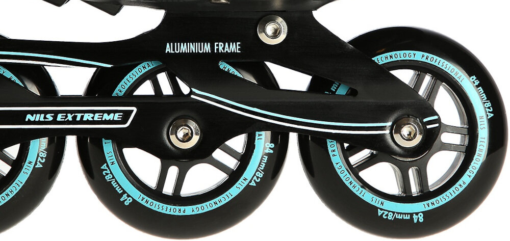 Łyżworolki NILS EXTREME NA9157 rozmiar 42 Czarno-miętowy kolka miekkie z materialu PU twardosc 82A srednica 84 mm grubosc 24 mm dobra przyczenosc tlumia drgania lozyska ABEC-9 Chrome