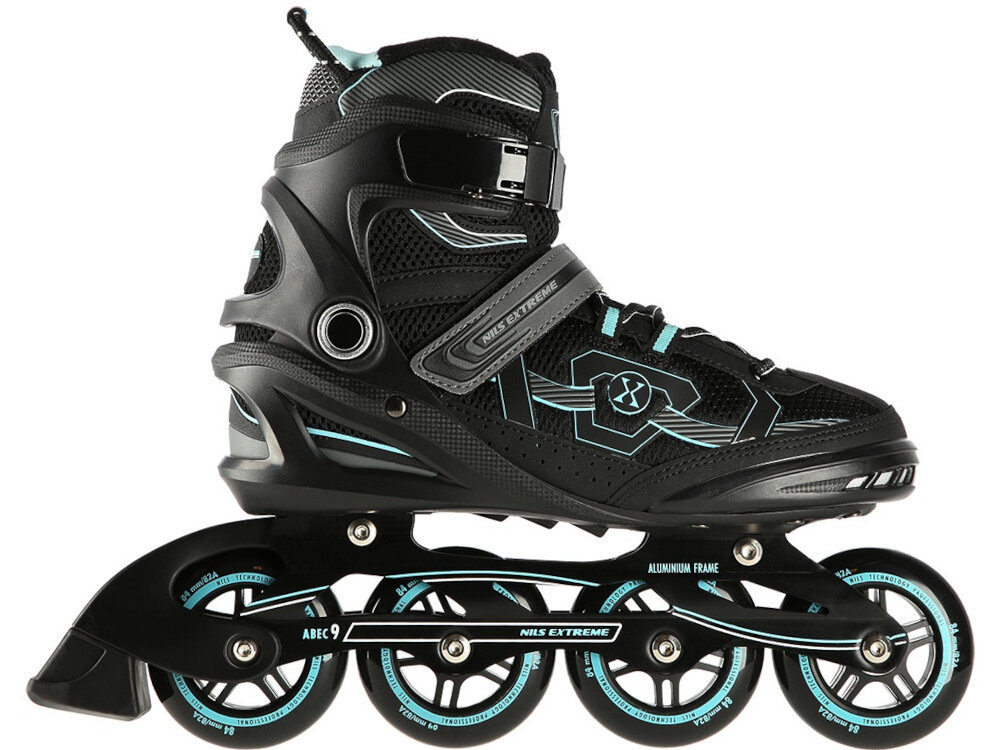 Łyżworolki NILS EXTREME NA9157 rozmiar 44 Czarno-miętowy minimalistyczne wzornictow stylowe material EVA VELVET siatka MESH pianka o duzej getosci duzy komfort uzytkowania