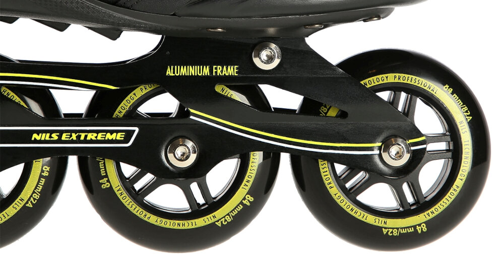 Łyżworolki NILS EXTREME NA9157 rozmiar 42 Czarno-żółty kolka miekkie z materialu PU twardosc 82A srednica 84 mm grubosc 24 mm dobra przyczenosc tlumia drgania lozyska ABEC-9 Chrome