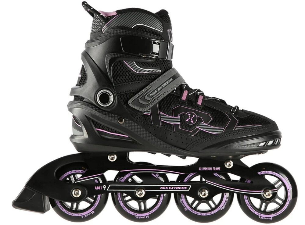 Łyżworolki NILS EXTREME NA9157 rozmiar 45 Czarno-fioletowy minimalistyczne wzornictow stylowe material EVA VELVET siatka MESH pianka o duzej getosci duzy komfort uzytkowania