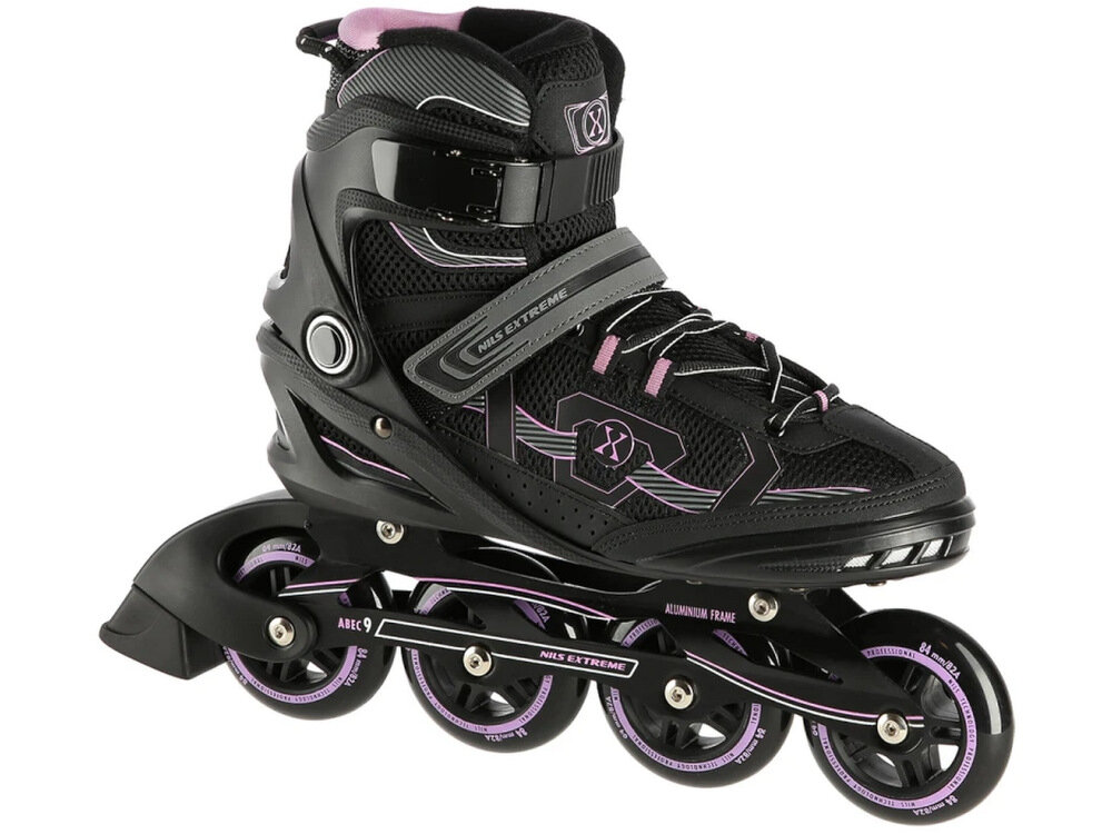 Łyżworolki NILS EXTREME NA9157 rozmiar 44 Czarno-fioletowy dla sredniozaawansowanych i zaawansowanych rolkarzy wytrzyma skorupa wysokiej jakosci kolka i lozyska rozmiar 44 maksymalna dynamika jazdy pelne bezpieczenstwo optymalna stabilizacja stopy