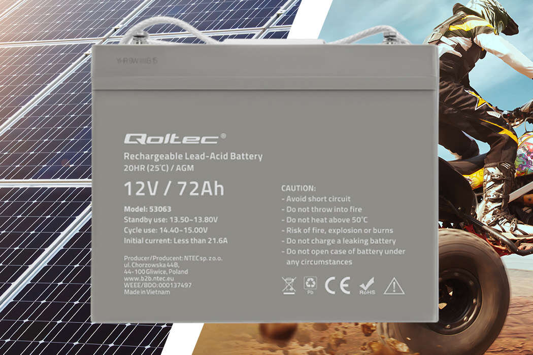 Akumulator QOLTEC 53063 72Ah 12V żywotność bateria wspomaganie waga wymiary przenośny
