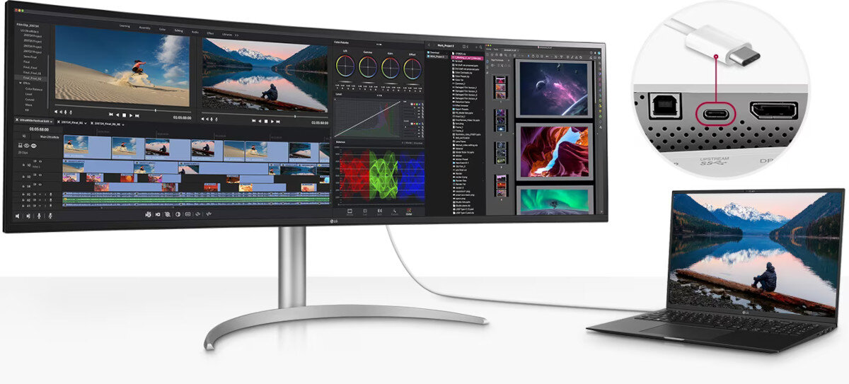 Monitor LG UltraWide 49WQ95C-W złącze porty zasilanie USB-C