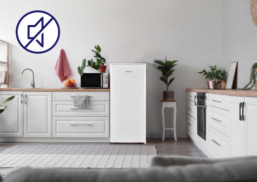 Lodówka MPM-200-CJ-29/E w kuchni. Ikona przekreślonego głośnika.