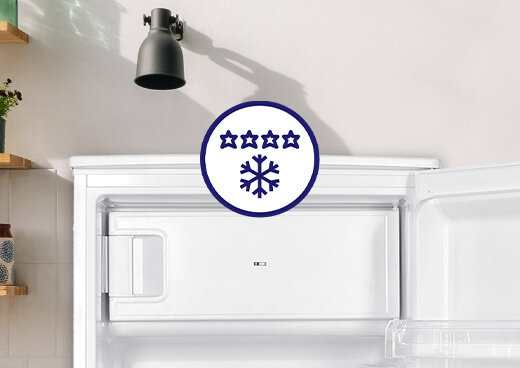 Zbliżenie na zamrażalnik lodówki MPM-200-CJ-29/E. Ikona płatka śniegu i 4 gwiazdki.