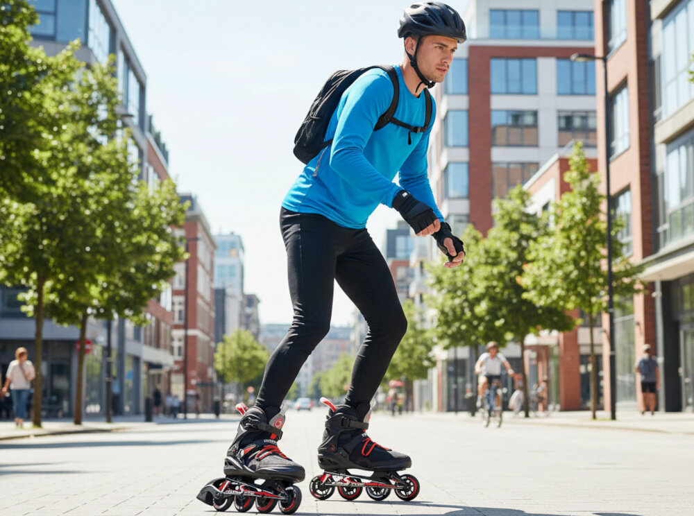 Łyżworolki NILS EXTREME NA14124 (rozmiar 43) miasto ulica osoba w stroju sportowym i kasku jedzie na łyżworolkach po ulicy wokół ludzie w tle budynki drzewa płynna jazda aktywność rekreacja bezpieczeństwo hobby