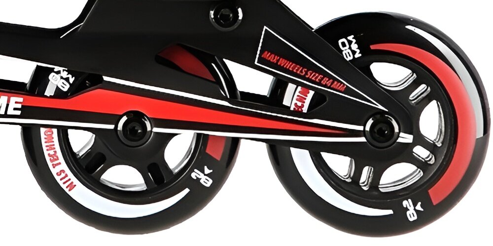 Łyżworolki NILS EXTREME NA14124 (rozmiar 45) zbliżenie na dwa przednie kółka kółka PU o wymiarach 80 x 24 mm o twardości 82A łożyska ABEC-7 płynny poślizg i kontrolowana prędkość użytkownik szybciej reaguje na zmiany nawierzchni bezpieczeństwo i komfort jazdy